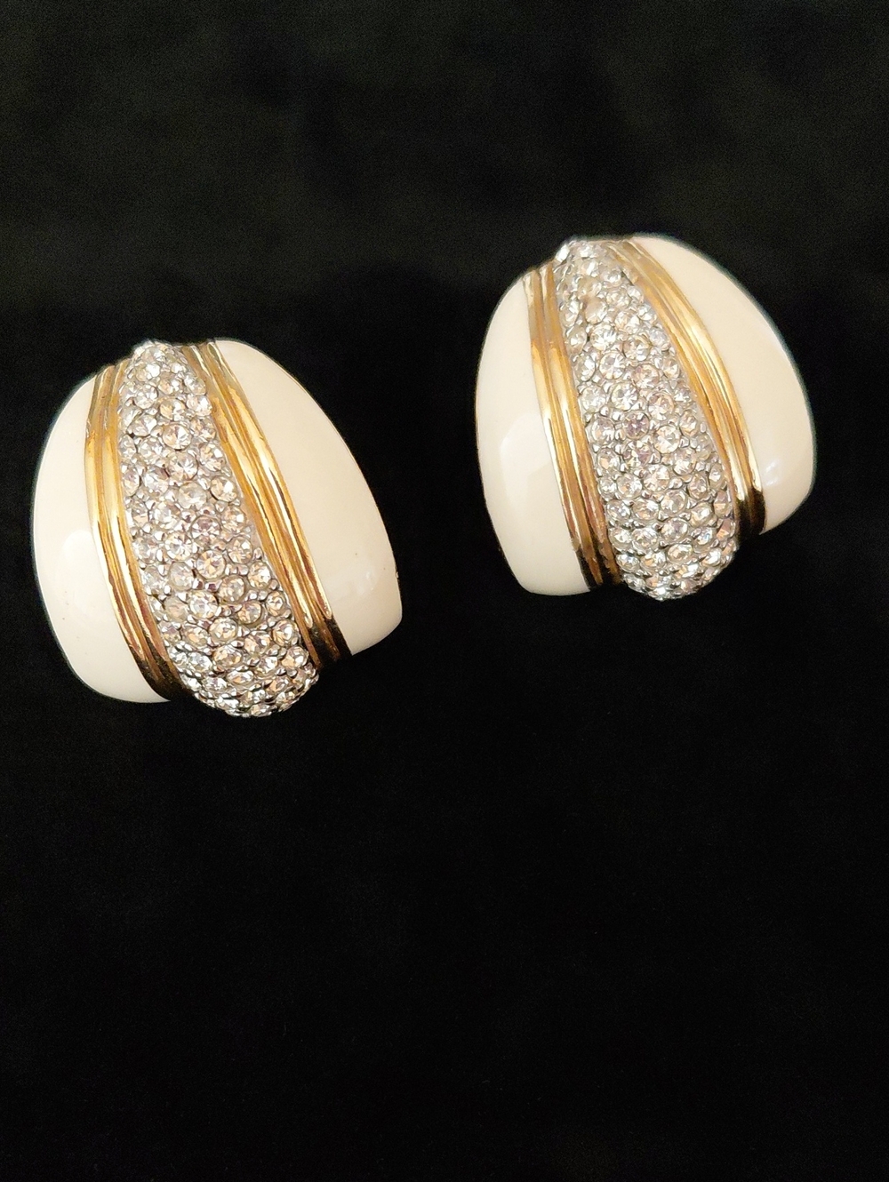 Vintage CINER Signed Ivory/ White Enamel Pavé Rhinestone Gold Tone Clip Earrings